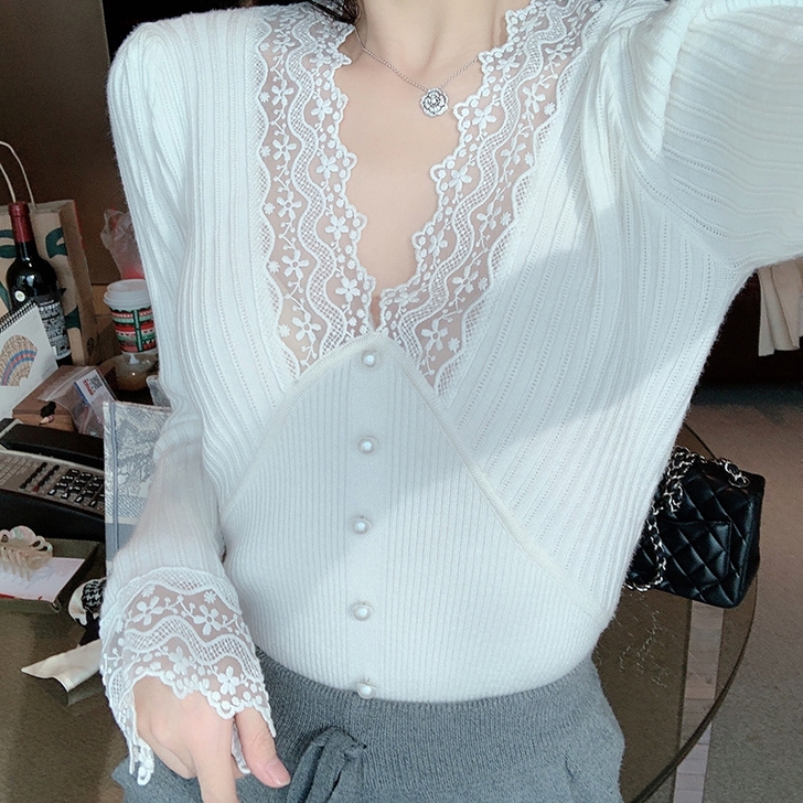 百搭蕾丝V领气质修身蕾丝衫打底上衣 女