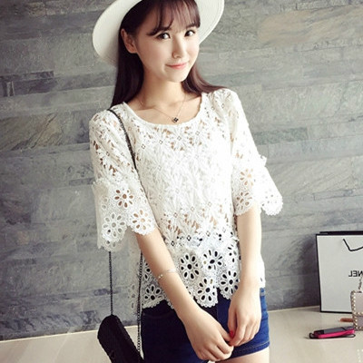 韩版2015夏纯色蕾丝衫镂空勾花拼接宽松上...