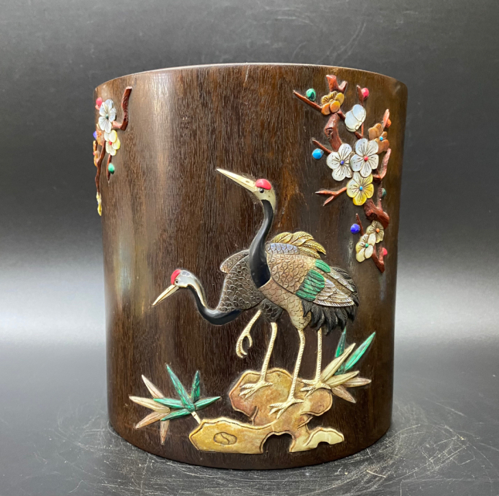 海外回流，清代嵌百宝手工雕刻＂仙鹤＂黄花梨...