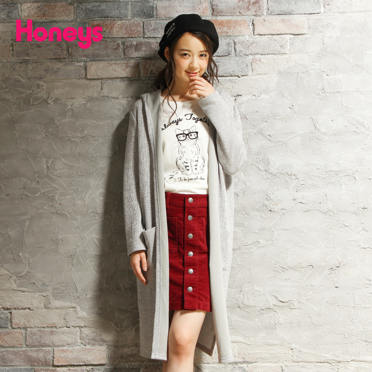Honeys秋季时尚带帽无扣长款针织衫64...