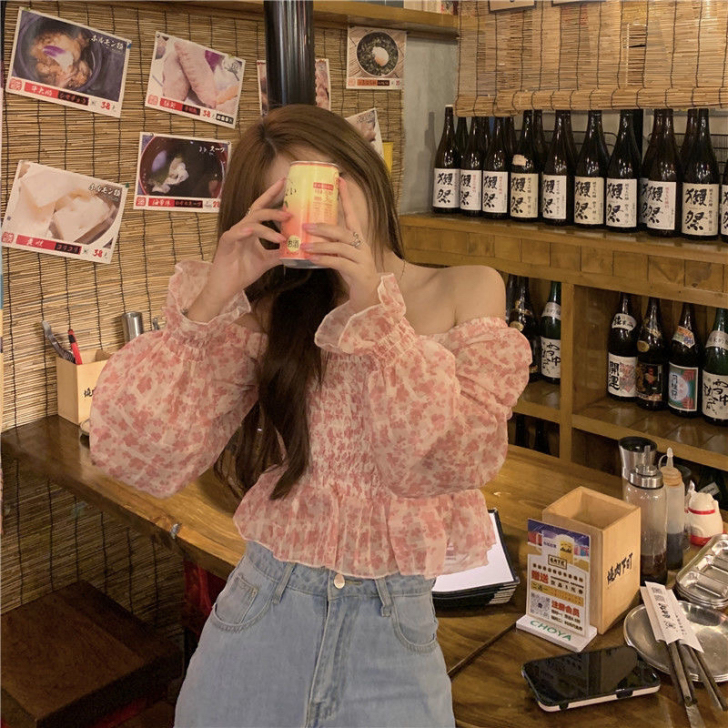一字肩上衣夏季温柔甜美荷叶边薄款长袖粉色短...