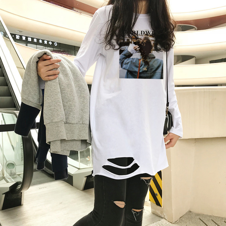 2019春装新款下摆破洞白色t恤女长袖宽松...