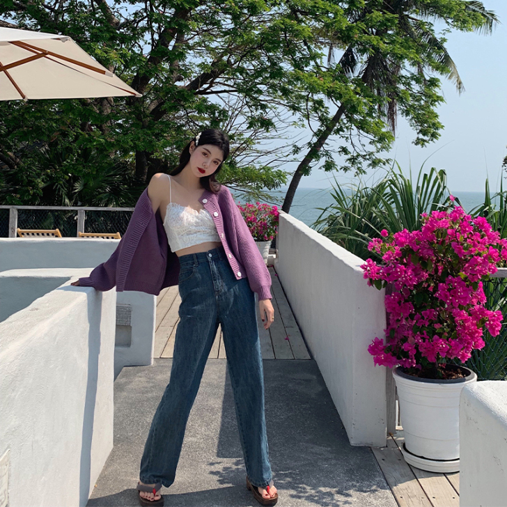 范智乔 高腰直筒牛仔裤 水洗复古蓝