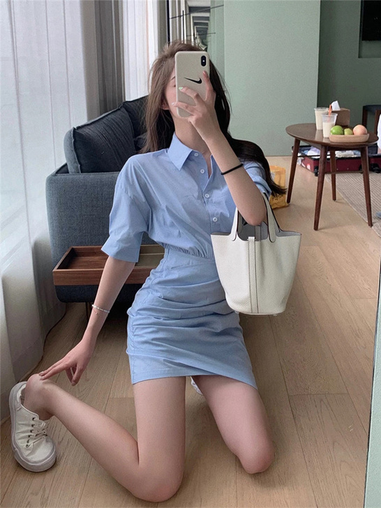 甜美法式蓝色长袖连衣裙女夏装a字裙子202...