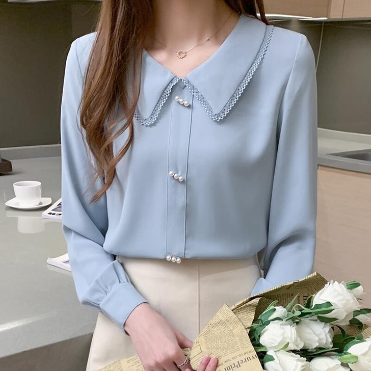 娃娃领衬衫女时尚洋气女装2021春秋新款韩...