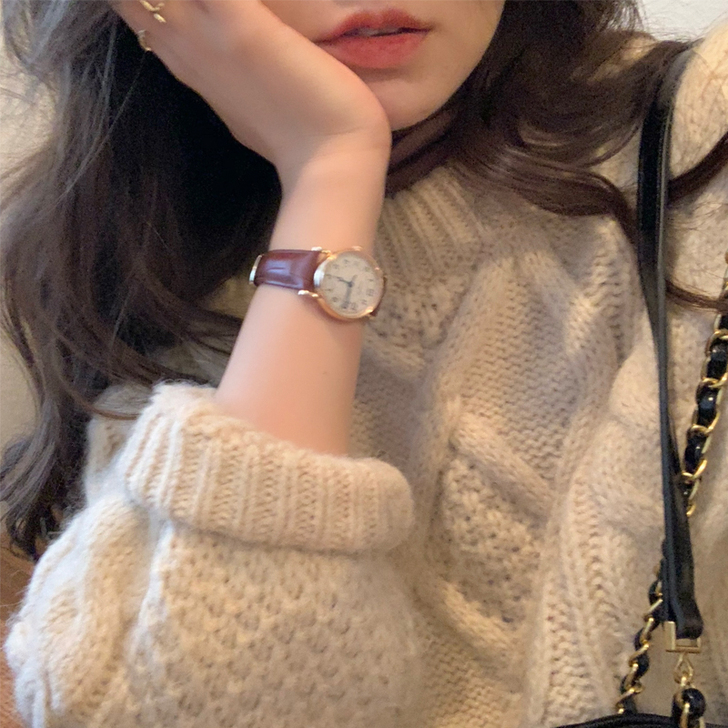 米白色洋气麻花毛衣女装春秋2021年新款宽...