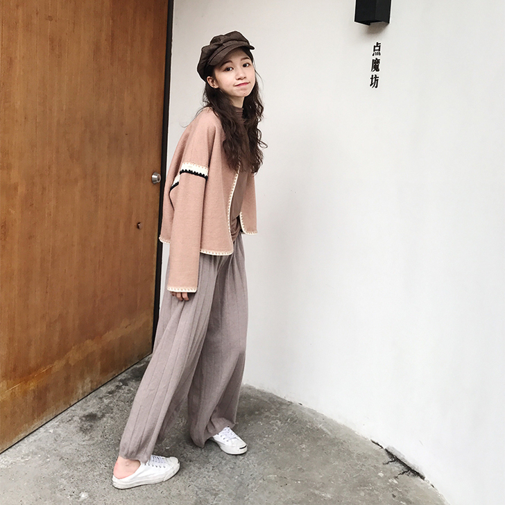 胖子王老板皱褶针织裤女长裤秋季新款韩版宽松...