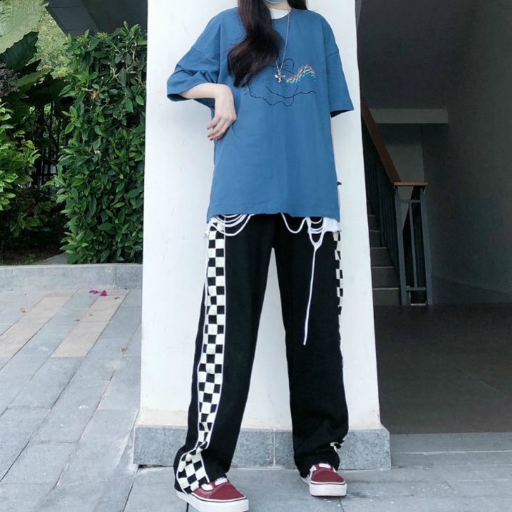 复古国潮棋盘格长裤女潮牌嘻哈百搭宽松显瘦运...