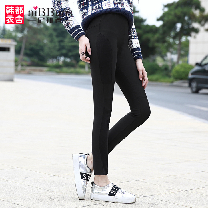 尼班诗欧美2016春装新款女裤黑色拼接修身...