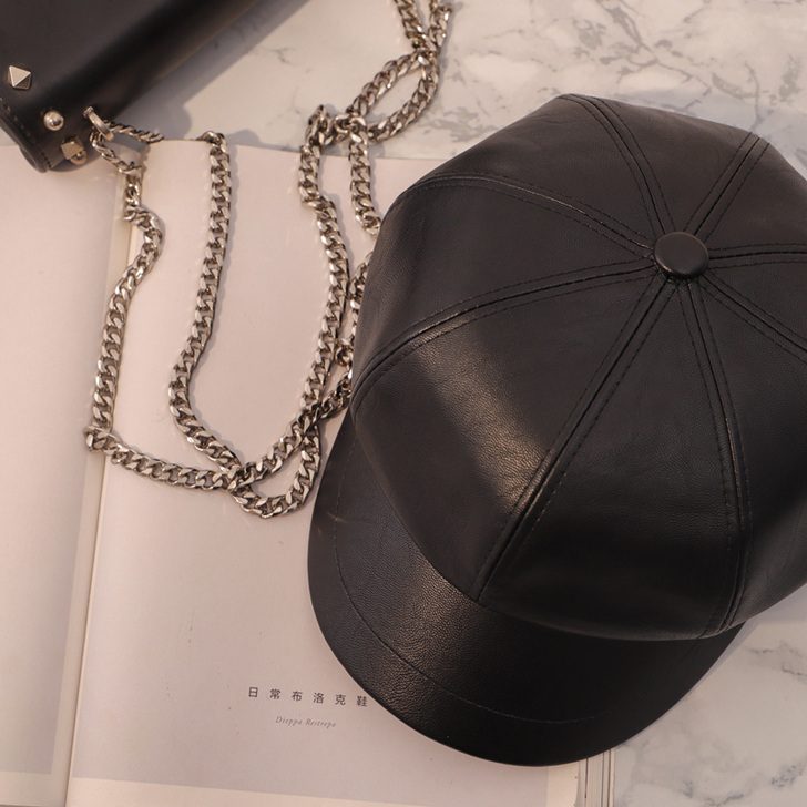 【38活动价】网红款pu皮质八角帽子女冬季...