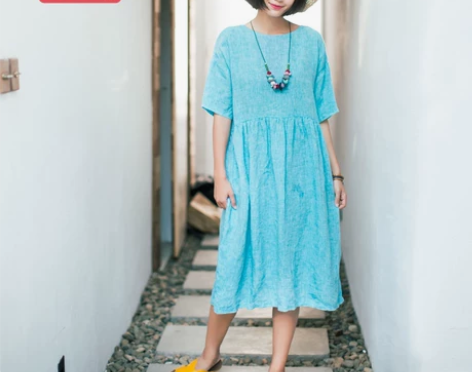 绽放B243/飘沁/蓝色飘带伞摆亚麻夏季2...