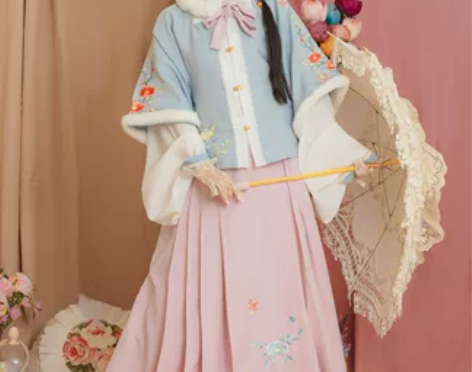 玉术原创汉服女啾啾方领半袖披袄明制百迭裙褶...