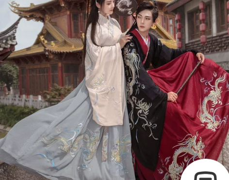 如梦霓裳原创辰龙生肖重工绣花情侣汉服黑红交...