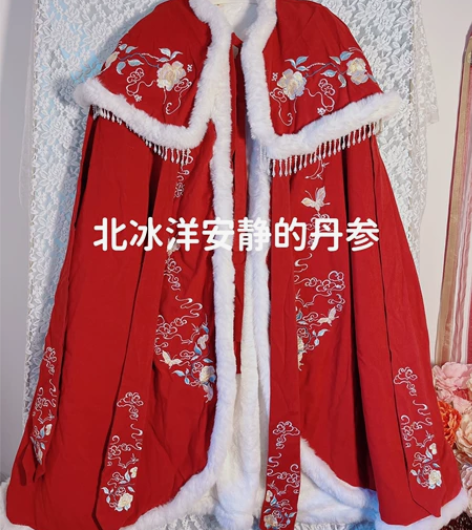 冬季加绒加厚斗篷重工满绣毛边钉珠流苏汉服斗...