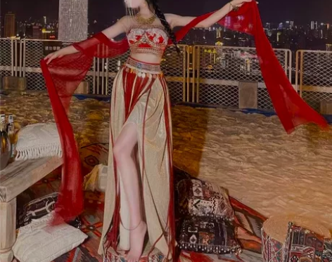 汉服女异域风情敦煌飞天舞蹈开衩裙表演服装西...