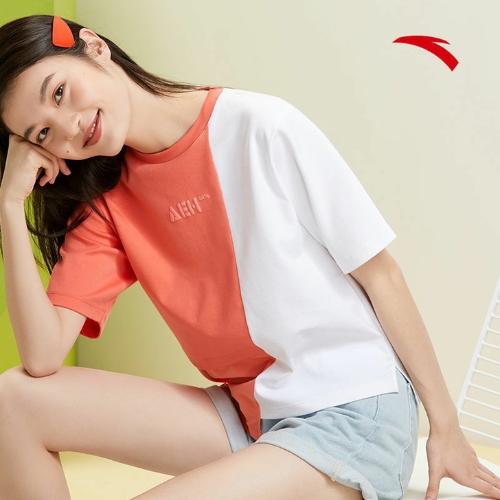 安踏官网旗舰运动短袖女2021夏季新潮流拼...
