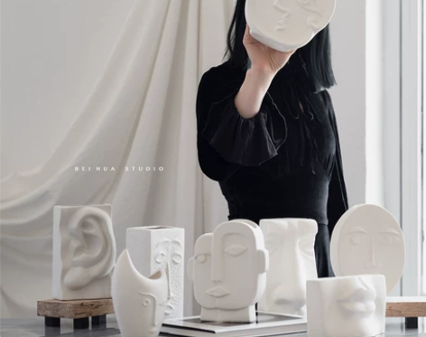 人脸创意白色陶瓷花瓶水培摆件客厅干花插花现...