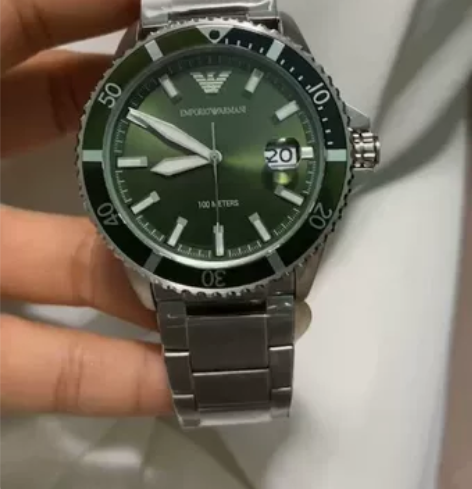 阿玛尼男表石英绿水鬼ar11338银色钢带...