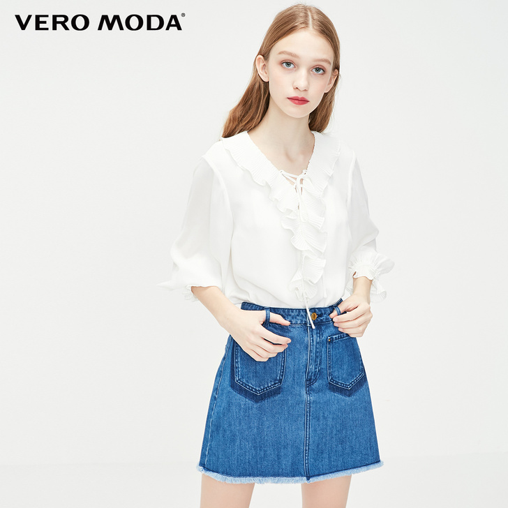 Vero Moda木耳边系带七分袖直筒雪纺...