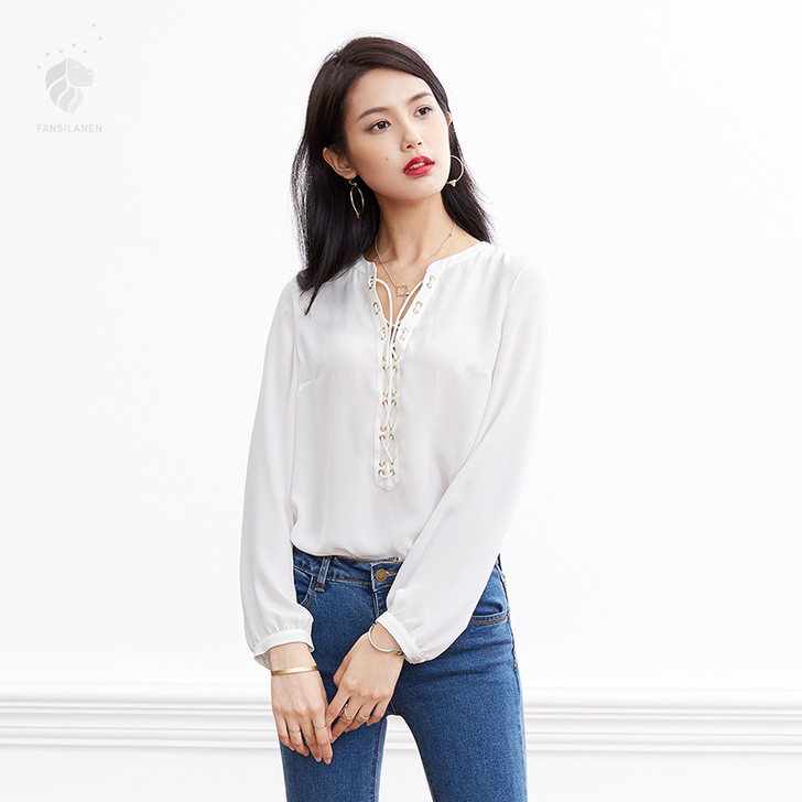 范思蓝恩V领雪纺衫长袖衬衫女百搭宽松绑带上...