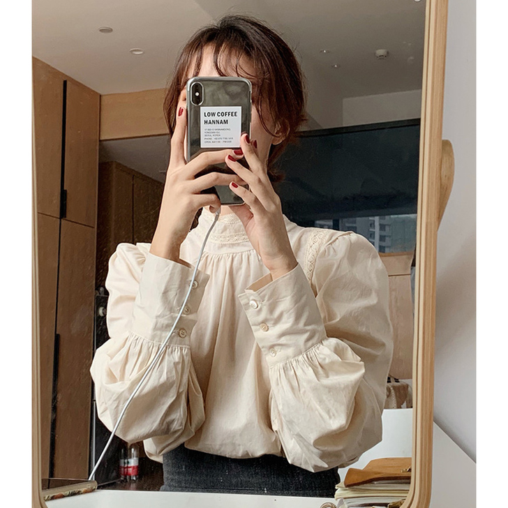 春季内搭蕾丝衫女长袖春季女网纱泡泡袖半高领...