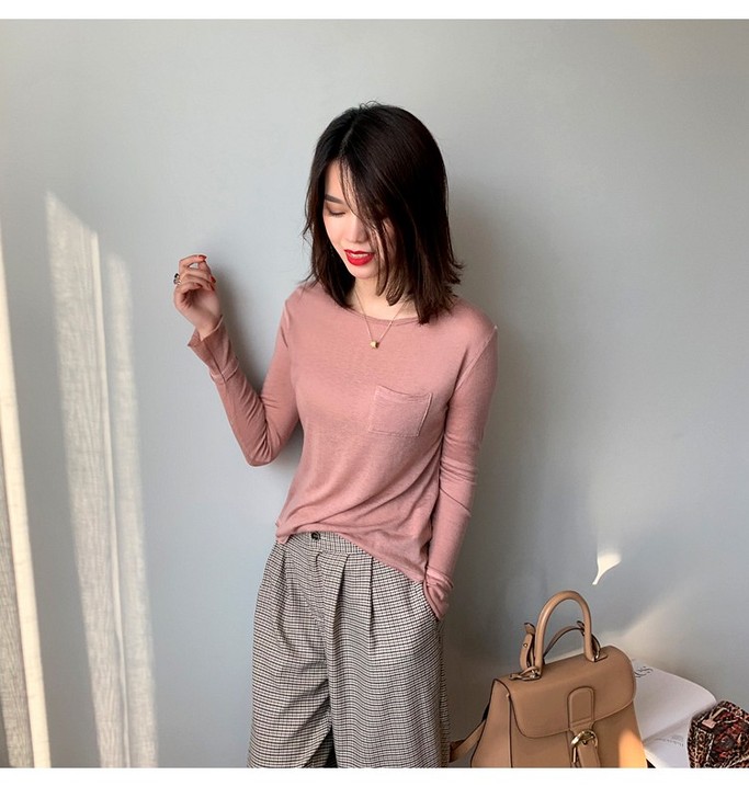 品质羊毛纯棉长袖女上衣春秋薄款打底衫纯色t...