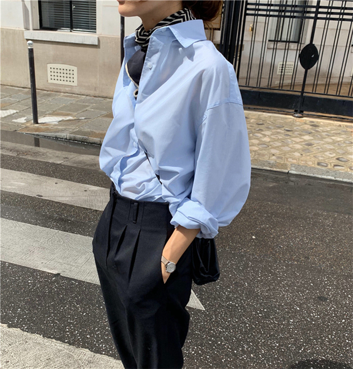 蓝色衬衫女2020新款韩版秋季长袖外穿 百...