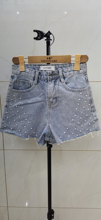 女夏季新款珍珠亮片高腰显瘦洋气牛仔短裤