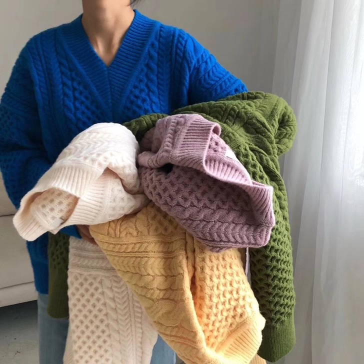 新款纯色麻花加厚v领宽松羊绒衫女18秋冬短...