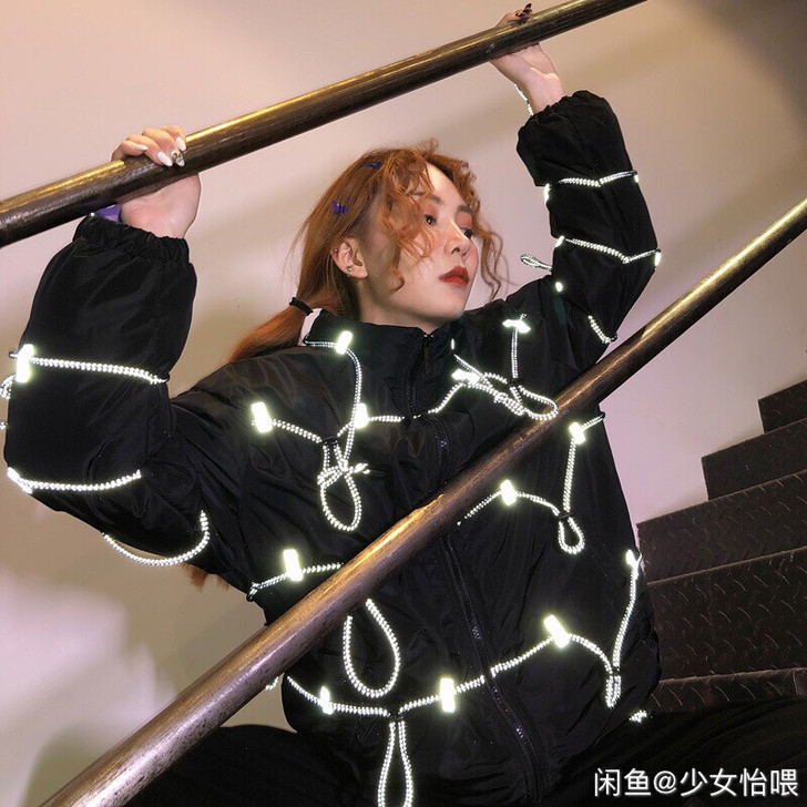 桥花嘻哈工装棉服女厚发光衣服棒球运动棉衣潮...