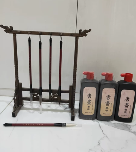 实木书法毛笔架+3瓶墨液(送5支毛笔)共3...