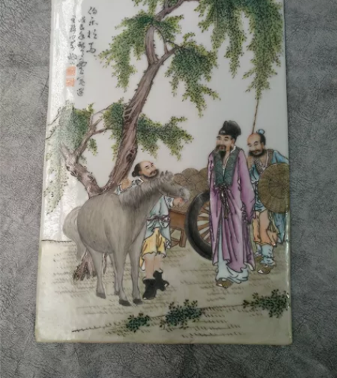 伯乐相马 一尺二手绘粉彩人物故事瓷板画 尺...