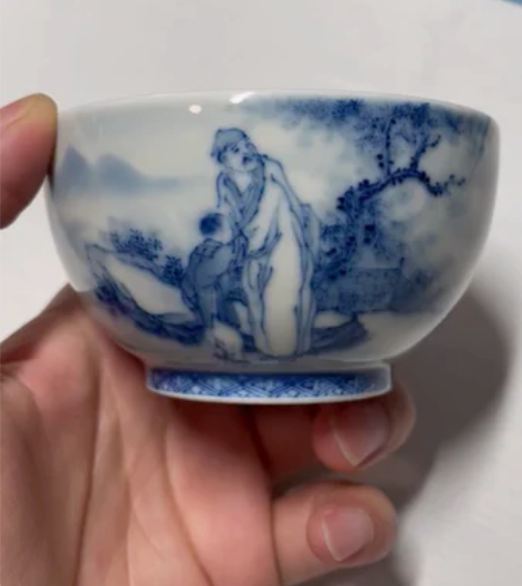 喻明福大师开创太福柴窑，人物青花柴窑杯！画...