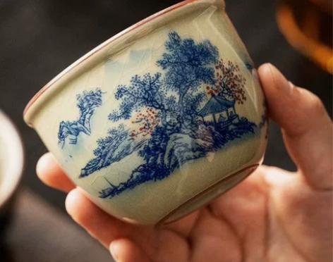 老陶泥青花山水主人杯个人专用单杯家用陶瓷缸...