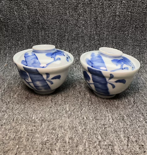 日本回流Z391#老青花手绘双客盖杯 1....