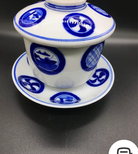 日本九谷烧九谷福字青花手绘盖碗盖杯茶碗老杯...