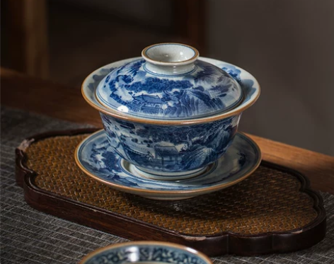 枭窑 老陶泥五面山水柴窑青花盖碗茶具手工手...