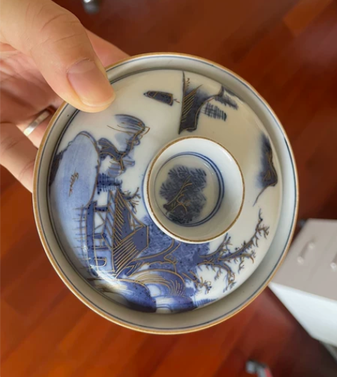 【名称】老九谷金襕手青花染付手绘地包天盖碗...