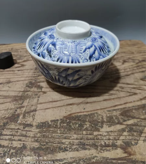 日本回流瓷器古董明治时期青花盖碗茶碗，画工...