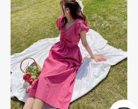 夏季法式长裙纯色泡泡袖V领蜜桃连衣裙女 纯...