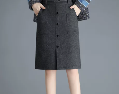 秋冬新款口袋毛呢包臀裙半身裙女灰色一步裙高...