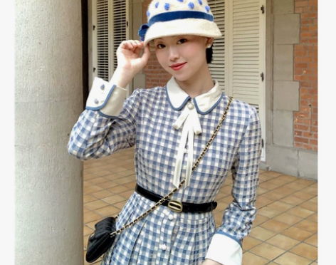 法式复古蓝色格子收腰裙女气质温柔长袖修身中...