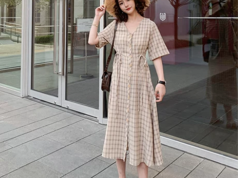 棉麻复古格子连衣裙夏学生ins小清新适合胯...