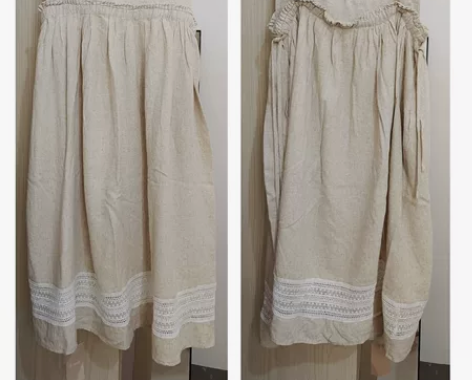 背带裙日系棉麻背心裙可前后两穿蕾丝拼接米色...