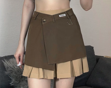 设计感两件套裙女高腰显瘦学生百褶裙不规则拼色百搭… 感兴趣的...