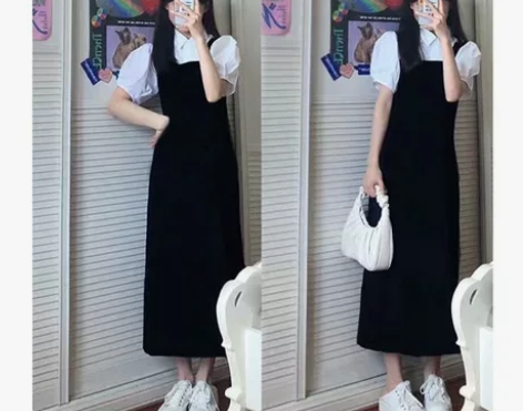 黑色背带裙女夏2022新款韩系收腰温柔小个...