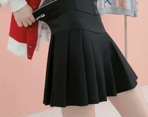 防走光有安全裤百褶裙字母黑色弹力收腹高腰显...