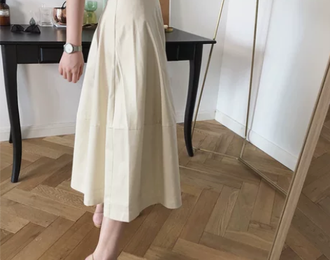 米杏色伞裙大摆裙夏季复古气质蓬蓬裙高腰中长...