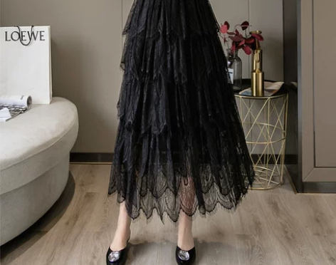 ?新款高腰显瘦蕾丝长裙蛋糕裙ins超火裙子...