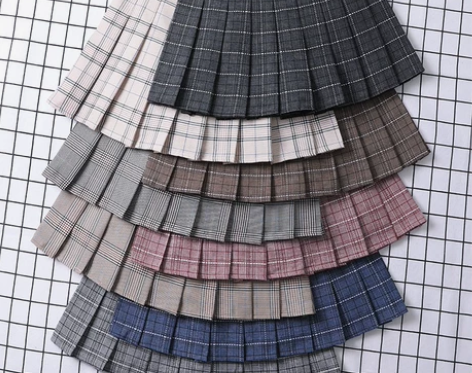 小格子百褶裙高腰a字小裙摆短裙学院风卡其色...